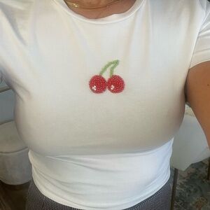 Hand bead embroidered cherry crop top size medium